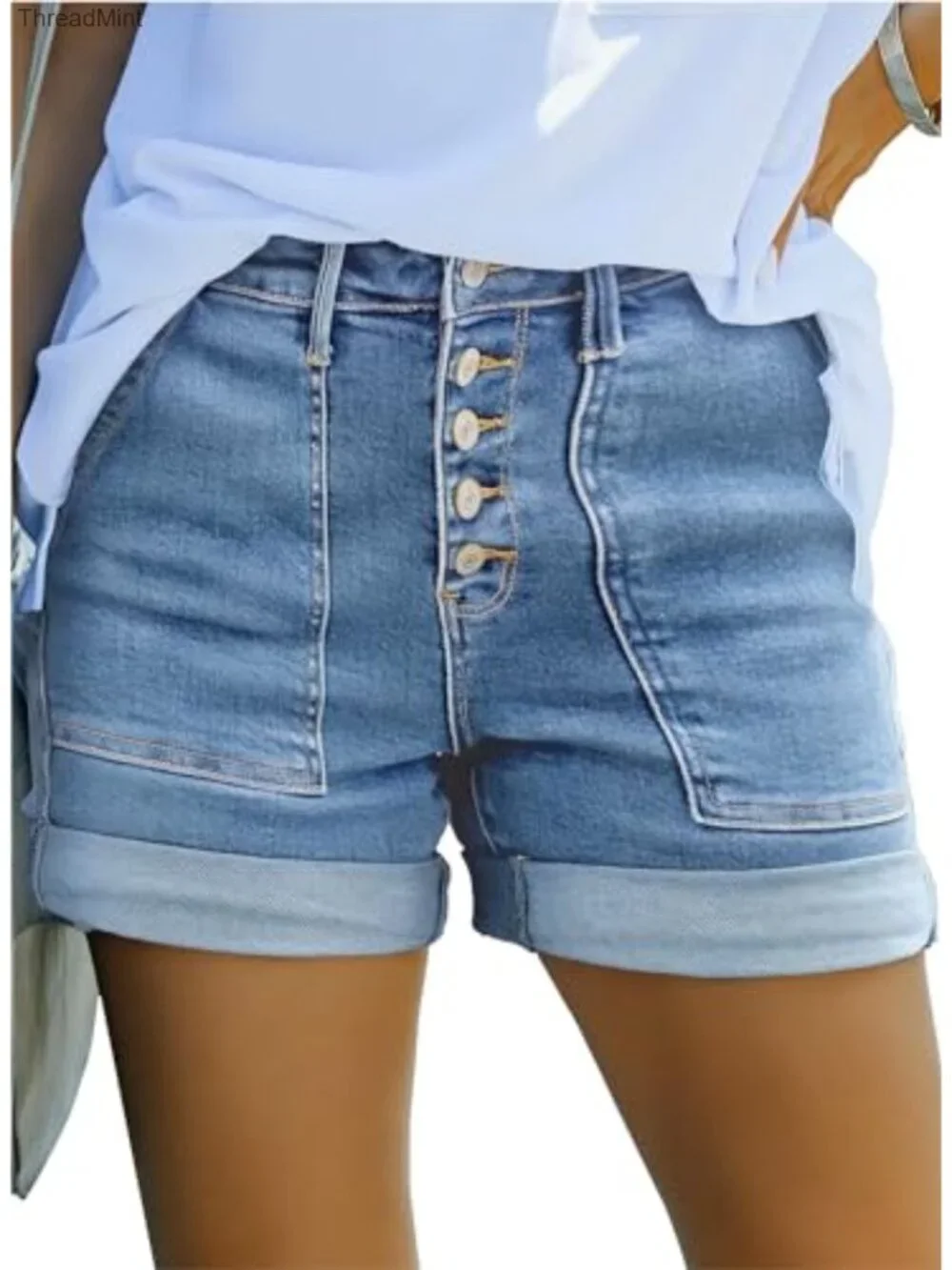High Waisted Button Fly Jean Shorts with Utility Pockets Summer